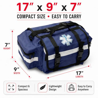 NOVAMEDIC NM-RO63P Professional First Responder Bag, 17” x 9” x 7” Empty EMT Trauma Kit Carrier with Removable Dividers, Reflective Strips, Water-Resistant Base for Emergency Medical Supplies (Blue) - color: Blue