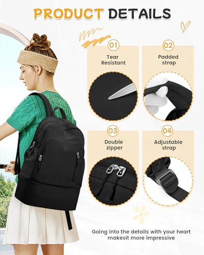 BJLFS Small Black Gym Backpack for Women Men, Waterproof Gym Track Bag with Expandable Shoe Compartment, Lightweight Mini Casual Daypack Sports Back Pack for Travel Hiking Dance Yoga Fitness Track - color: Black