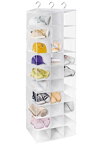 30 Section Hanging Shoe Organizer for Closet, White | Hanging Closet Organizer and Storage for Wardrobe, Dorm, Bedroom, Space Saving Foldable Clothes Shelf with Sturdy Hooks - color: White