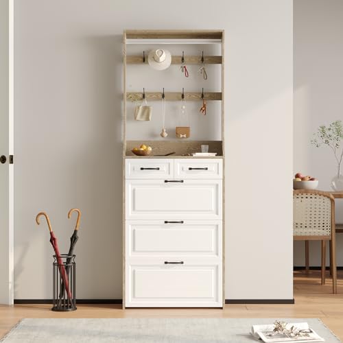 Vibe & Dine Shoe Cabinet, Entryway Shoe Storage Cabinet with 3 Flip Doors and 2 Drawers, 2-in-1 Wooden Shoe Rack Organizer with Coat Hooks for Hallway Cloakroom, Oak Color - color: Oak, size: Extra Tall