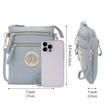 Solene Small Multi Zipper Pockets Crossbody Bag with Detachable Wristlet - color: Blue Grey