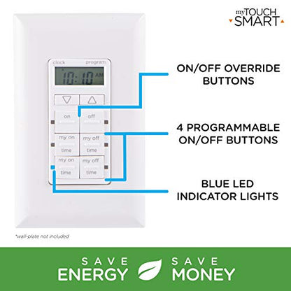 myTouchSmart in-Wall Digital Timer,4 Programmable On/Off Buttons,2 Easy On/Off Buttons,24 Hour Daily Cycles,Blue LED Indicators with Battery Backup for Indoor/Outdoor Lights, Fans, 26893 (Pack of 3) - size: 24-Hours (Pack of 3)