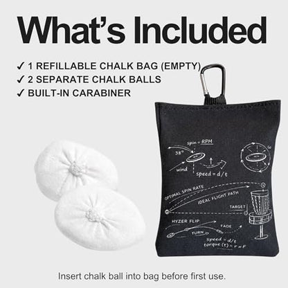 Refillable Disc Golf Chalk Bag with Carabiner, 2 Chalk Balls Included – Grip Bag for Dry Hands & Consistent Release, Frisbee Golf Accessory - style: Flight Path – Black