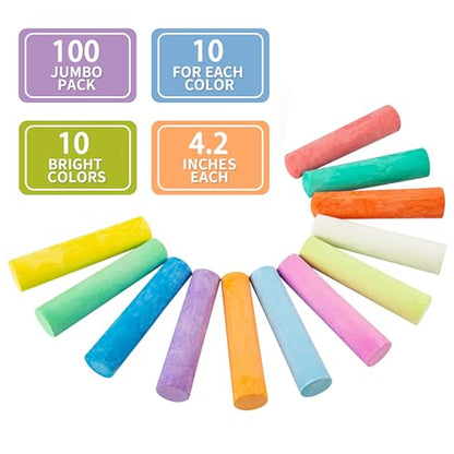 100PCS Washable Sidewalk Chalks Set in 10 Colors Non-Toxic Coloured Chalk Pavement for Kids Jumbo Chalk for Toddler Painting on Blackboard, Playground, Party