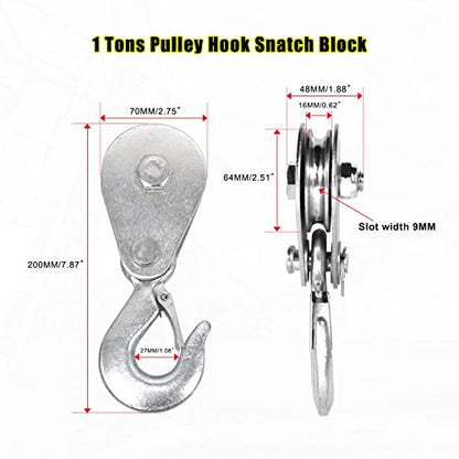 Pulley Hook (1Tons/2,200 LBS) Snatch Block with Hook Heavy Duty Pulley Lifting Block Hoist with Hook for 3/8 inch Cable High Strength Steel Single Wheel Rope Bearing Winch Block （2 pcs）