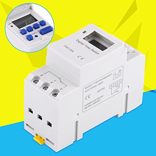 15A Programmable Timer Relay 7 Day Heavy Duty Digital Timer Switch with LCD 16 On 16 Off Pre-Setting THC DIN Rail (110V)
