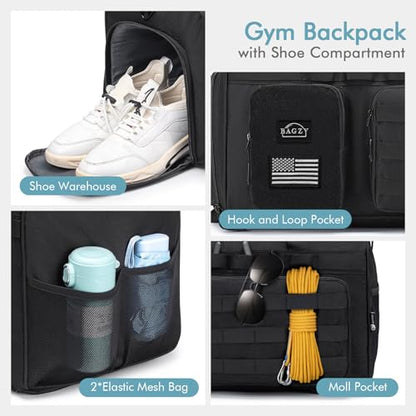 Tactical Gym Bag for Men 55L Sports Duffel Bags 3 in 1 Travel Duffel Bag with Shoe Compartment Waterproof Workout Backpack Carry On Bag for Overnight Weekender Travel Black - style: 55l-black