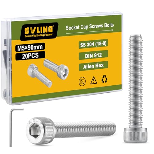 M5-0.8 x 90mm Bolt, 20PCS M5 Hex Socket Head Cap Screws Bolts, 304 Stainless Steel 18-8, Full Threads, with Hex Spanner - size: M5x90mm