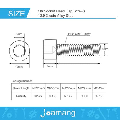 M8 x 20mm 25mm 30mm 35mm 40mm Hex Socket Head Cap Screws Bolts, 12.9 Grade Alloy Steel, Black Oxide Finish, Metric Allen Drive, Fully Threaded, Assortment Kit 30Pcs - size: Socket M8x20-40 mm