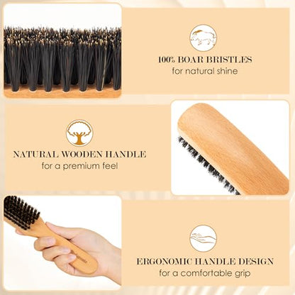STYLEMATE Boar Bristle Slick Back Hair Brush for Women Men, Soft Bristles Hair Brush for Thin & Fine Hair, Natural Medium Hardness Smoothing Hairbrush for Polishing, Deepening & Styling - size: 1 Count (Beech)
