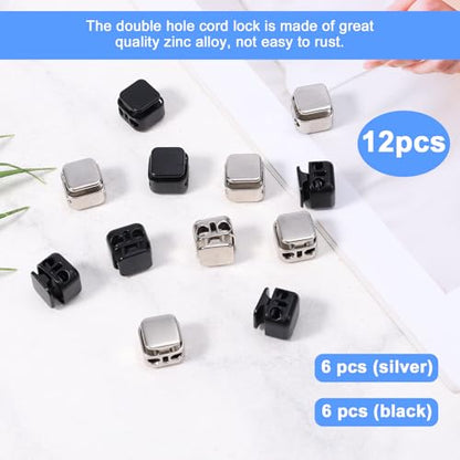 Gosknor 12pcs Heavy Duty Cord Locks, Double Hole Metal Press Cord Locks Pull Cord Stop Fastener Drawstring Stopper Draw String Clip for Lanyard Paracord Pants Shoelaces Drawstrings (Black, Silver)