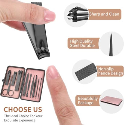 ZIZZON Travel Mini Manicure Set Nail Clipper Set 10 in 1 Stainless Steel Pedicure Care Grooming kit with Case (Black/Pink)