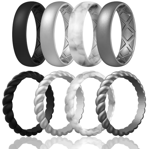 Egnaro Women's Stackable Silicone Rings, 2.5/5.5mm Wide 1.8/2mm Thick Bands | Comfort-Fit Rubber Bands Offer Breathable Flexibility for Nurses, Workouts, Pregnancy, Yoga, Travel, Office, and All-Day Wear - color: A34-Black, Metallic Silver, Marble, Dark s