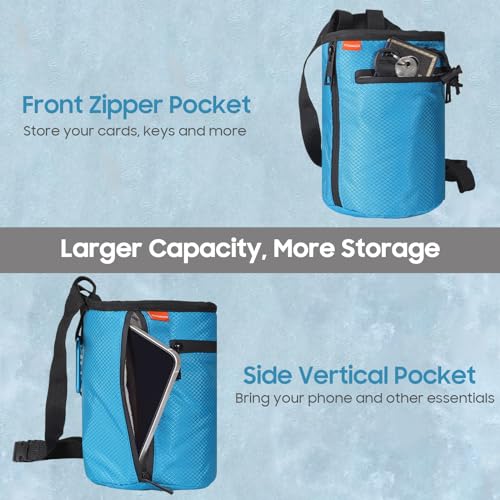 MoKo Climbing Chalk Bag with Chalk Brush, Waterproof Nylon Bouldering Chalk Bag Bucket with 2 Large Zippered Storage Pockets Drawstring Closure Adjustable Belt Chalk Bag for Climbing Gymnastics - color: Light Blue, style: Straight