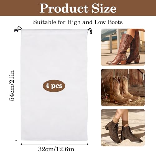 Klmnop 4 Pcs Cowboy Boot Bags for Travel and Storage, Washable Breathable Flannel Cotton Drawstring Pouches, Shoe Storage Bag for Cowboy Boot Protection, 12.6x21 Inch(White)