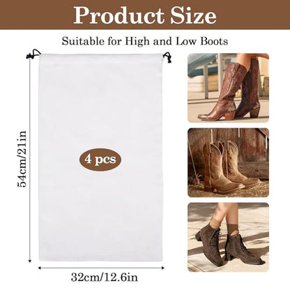 Klmnop 4 Pcs Cowboy Boot Bags for Travel and Storage, Washable Breathable Flannel Cotton Drawstring Pouches, Shoe Storage Bag for Cowboy Boot Protection, 12.6x21 Inch(White)