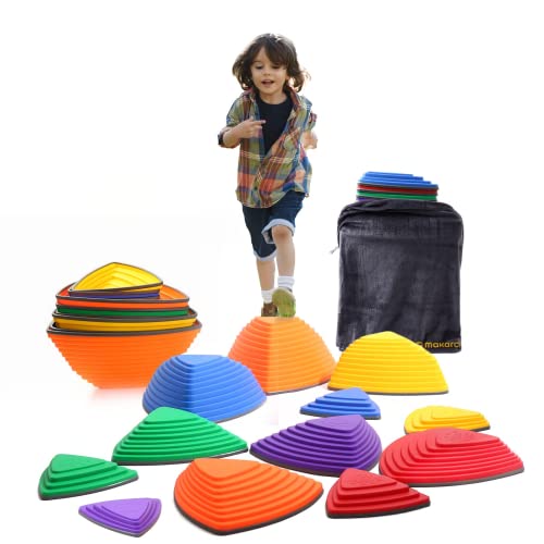 makarci Stepping Stones for Kids 12pcs Obstacle Courses Play Indoor Outdoor, Full Rubber Rim Plastic Hilltop for Kids Balance and Integration Improvement Age 3 4 5 6 7 8 + - color: 12pc/Rainbow