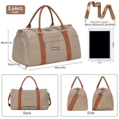FIORETTO Womens Gym Tote Duffle Weekender Bag with Wet Pocket & Shoe Compartment, Ideal for Travel, Swimming, Dance, Khaki - color: Khaki, style: Gym Bag