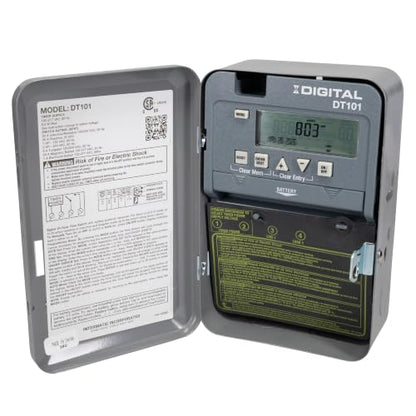 Intermatic DT101 24-Hour Digital Time Switch, 20 Amp 1-Circuit SPST, 120-277 VAC 50/60 Hz, Indoor Metal Enclosure, Battery Backup and Automatic Daylight Saving Time Adjustment