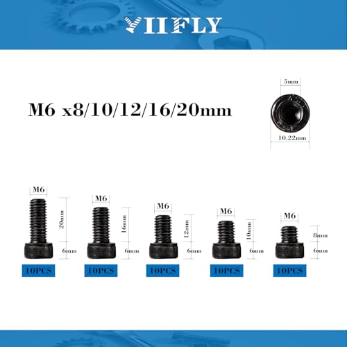 M6-1.0 Socket Head Cap Screws - 8/10/12/16/20mm Length Kit, 12.9 Grade Alloy Steel, Allen Drive, Black Oxide Finish, Full Thread, 50-Piece Set - size: 12.9-Socket-M6-8-20mm
