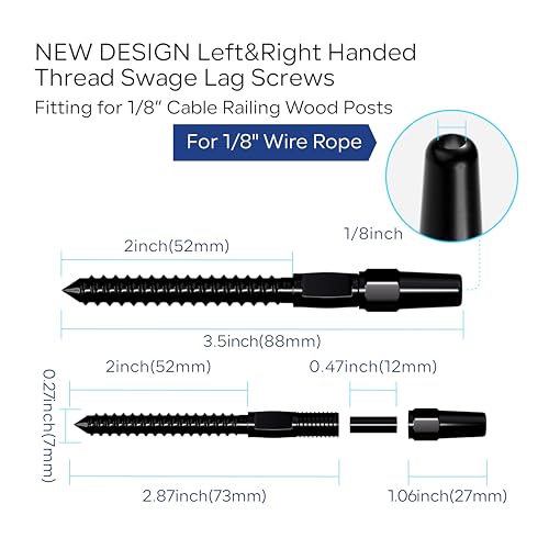 20 Pair Black Cable Railing Kit, Invisible Crimp Fitting Hardware, Right & Left Handed Thread Swage Lag Screws for Wood Post of 1/8" T316 Steel Railing System, HF016BL - color: Black