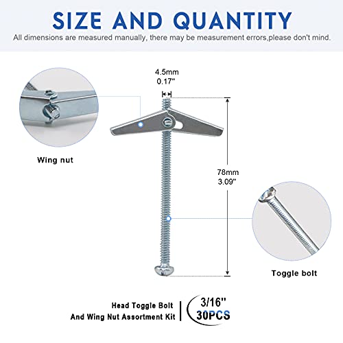 Glarks 30Pcs 3/16'' Zinc Plated Steel Round Head Toggle Bolt and Wing Nut for Hanging Heavy Items on Drywall - size: 3/16''