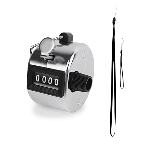 GDMINLO Metal Hand Tally Clicker Counter, 4-Digit Number Count Clicker with Metal Case Mechanical Counter for Coaching, Knitting, Lap, Fishing, Golf and Row with 2-Nylon Lanyard,Silver