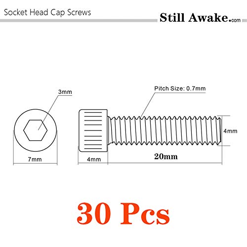 M4-0.7 x 20mm Socket Head Cap Screws Metric, Allen Socket Drive, Stainless Steel 304, Full Thread, Bright Finish, Machine Thread (30 Pcs) - size: M4-0.7 x 20mm