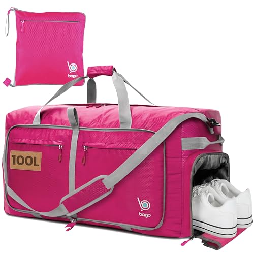 Bago Large Duffle Bag for Travel Women & Men. Durable Lightweight Foldable Travel Duffel Bags For Traveling Women. 100L Duffle Bags for Overnight Bag With Shoe Compartment Collapsible Weekender duffel - color: Pink, size: 100L