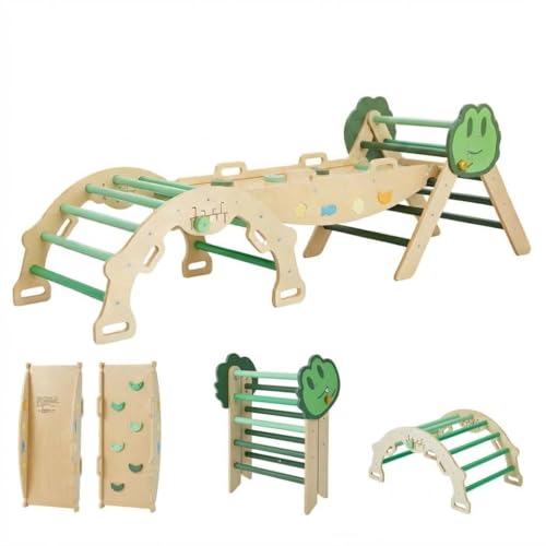 7-in-1 Collapsible Climbing Triangle Climbing Set for Toddlers, Wooden Indoor Jungle Gym Playground with Arch, Ramp & Ladder, Space-Saving, Toddler Climbing Toys– Green - color: Green