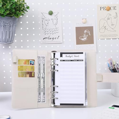 SKYDUE Budget Binder with 8pcs Zipper Envelopes, Money Organizer for Cash with 12pcs Expense Budget Sheets & 24 Blak Sticky Labels, Budget Book with Cash Envelopes (Creamy Oatmeal) - color: Creamy Oatmeal