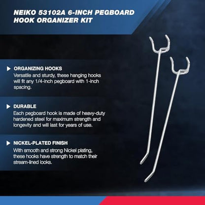 Neiko 53102A 6” Pegboard Hook Organizer Kit, 50 Pack, Hanging Hooks Set for Garage Organization, Great for Wall Hanging and Shelving, Tool Storage, Craft Organizing - size: 6" Pegboard Hooks