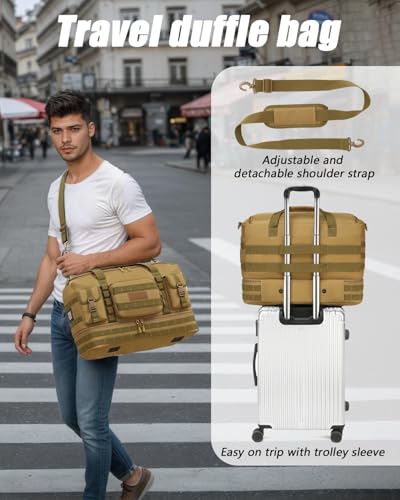 Tactical Duffle Bag - Gym Bag for Men with Shoe Compartment & Toiletry Bag | Carry on Luggage Mens Overnight Bag for Gym, Travel, Brown - color: Brown