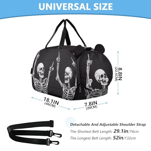 Kids Sports Duffel Bag for Boys & Girls - Funny Skull Skeletons 100% Polyester Gym Bag with Separate Shoe Compartment, Adjustable Shoulder Strap, Compact Travel & Workout Gear Bag - color: Funny Skull Skeletons