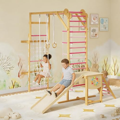 PeakPursuit 8-in-1 Indoor Jungle Gym for Kids Ages 3-10 – Wooden Climbing Structure with Slide, Swing, Monkey Bars, Gymnastic Rings, Climbing Rope – Indoor Playground Toy – Natural Wood Color