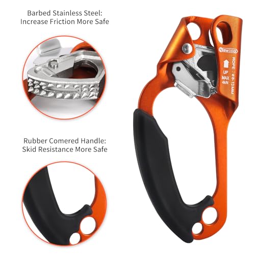 NewDoar UIAA & CE Certified Hand Ascender Rock Climbing Tree Arborist Rappelling Gear Equipment Rope Clamp for 8~13MM Rope - color: Orange-Left+Blue-Right