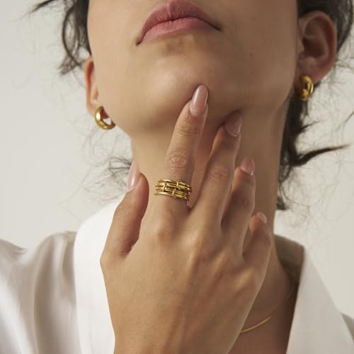 Shapes Studio Trio Linked Ring, stackable Ring, Minimalism style for women, Never Tarnish - size: 9, style: Five Band (all gold)