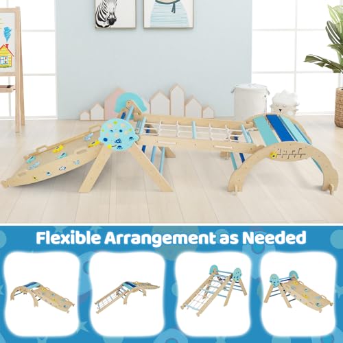 Costzon Pikler Triangle Set, 9-in-1 Foldable Baby Climbing Toys, Wood Montessori Climbing Set for Learning and Motor Skills, Indoor Playground Jungle Gym for Toddlers 3+ Climber Gifts (Blue) - style: 9 in 1 Arch Climber Ladder, Blue