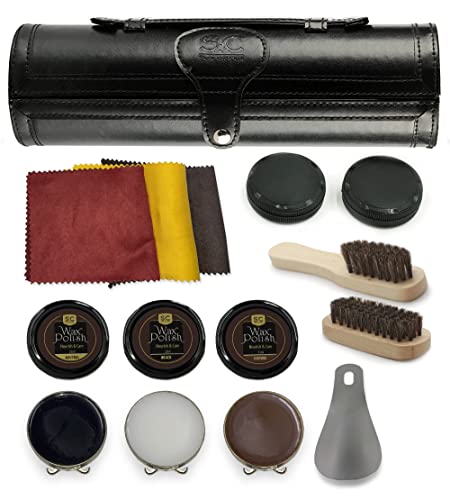 Stone and Clark Leather Shoe Shine Kit - 13 PCS Shoe Polish Kit for Complete Leather Boot Care, Compact & Travel Friendly - style: Classic Black Kit