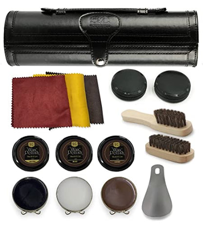 Stone and Clark Leather Shoe Shine Kit - 13 PCS Shoe Polish Kit for Complete Leather Boot Care, Compact & Travel Friendly - style: Classic Black Kit