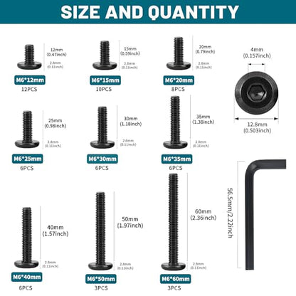 61Pcs M6 Flat Head Hex Socket Cap Screws Assortment Kit, M6 x 12mm/15mm/20mm/25mm/30mm/35mm/40mm/50mm/60mm Socket Cap Bolts,304 Stainless Steel 18-8, Full Thread, Black Oxide with Hex Spanner - size: M6