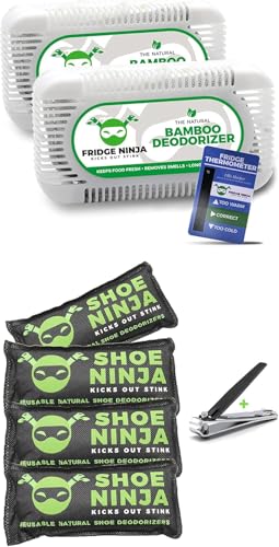 Earth Ninja Odor Elimination Bundle – Trash Ninja Stick-On Deodorizer + Shoe Ninja (2 Pack) – Activated Charcoal Odor Eliminators for Trash Cans, Shoes, Gym Bags & Home