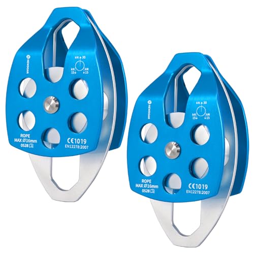 NewDoar 30 KN CE Certified Large Rescue Pulley Single/Double Sheave with Swing Plate - color: Double Pulley - Blue 2pcs