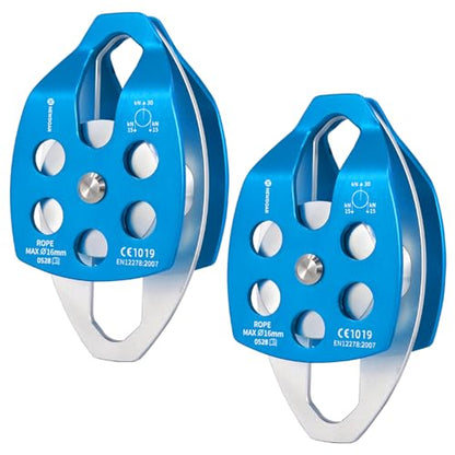 NewDoar 30 KN CE Certified Large Rescue Pulley Single/Double Sheave with Swing Plate - color: Double Pulley - Blue 2pcs