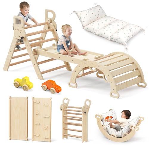 BlueWood Pikler Triangle Set with Cushion, Wooden Climbing Toys for Toddler | Foldable 9-in-1 Montessori Philosophy Toddler Climbing Toys Indoor with Reversible Ramp, Arch and Ladder - Natural Color - color: Natural Color