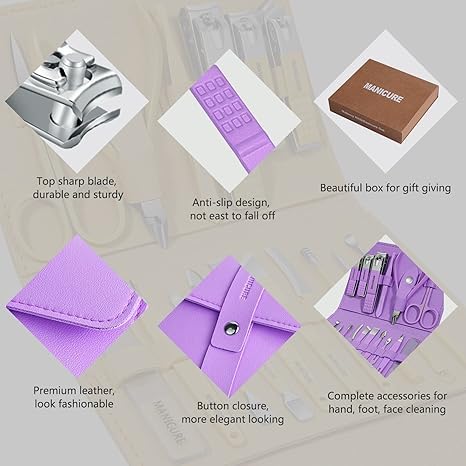16 pcs Stainless Steel Nail Care Tools Grooming Kit with Luxurious Travel Leather Case for Thick Nails Men Women Gift,Manicure Set Professional NailClippers Pedicure Kit,Sharp Nail Scissor(Purple)