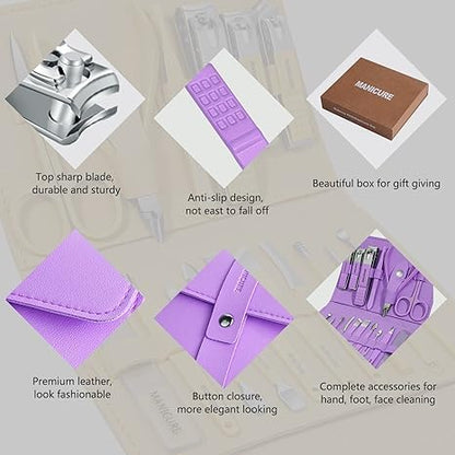 16 pcs Stainless Steel Nail Care Tools Grooming Kit with Luxurious Travel Leather Case for Thick Nails Men Women Gift,Manicure Set Professional NailClippers Pedicure Kit,Sharp Nail Scissor(Purple)