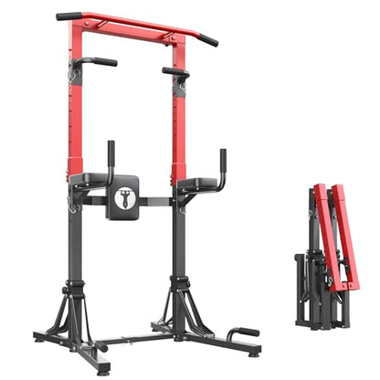 DlandHome Foldable Power Tower Pull Up Bar Station, Strength Training Fitness Equipment, Multi-Function Adjustable Height Pull Up Dip Station for Home Gym Workout, Pull Up Stand, Black & Red