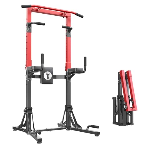 DlandHome Foldable Power Tower Pull Up Bar Station, Strength Training Fitness Equipment, Multi-Function Adjustable Height Pull Up Dip Station for Home Gym Workout, Pull Up Stand, Black & Red