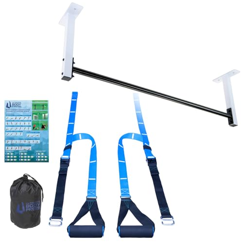 Ceiling Mount Pull Up Bar with 48” Straight Bar and 14” Risers, Fits 16” and 24” Joist by Ultimate Body Press - color: Ceiling Mount Pull Up Bar and Strap System